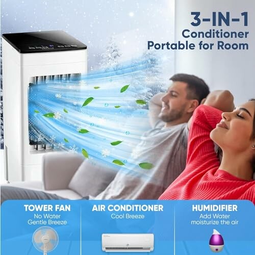 3-in-1 portable conditioner with cooling breeze and humidifying features in a room setting.