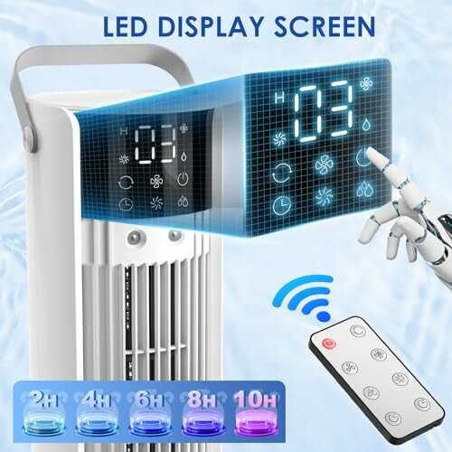 Air cooler with LED display, robot hand, and remote control.