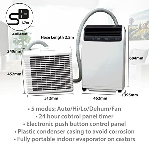 Portable air conditioner with dimensions and features listed.