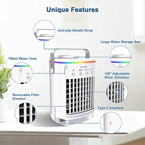 Portable air cooler with handle, large water tank, adjustable wind direction, and type C interface