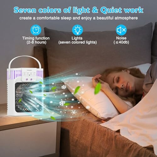 Woman sleeping beside a portable air cooler with seven colored lights and quiet operation features.