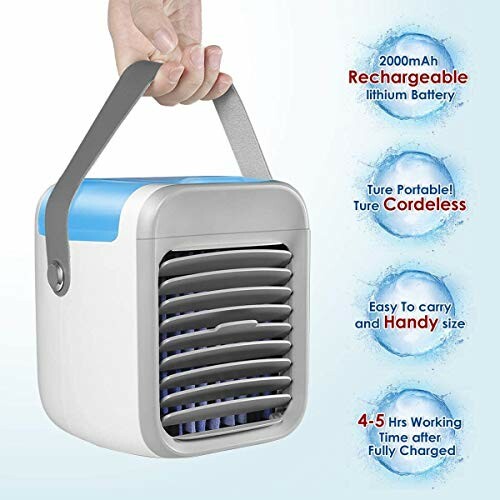 Compact portable air cooler with handle, highlighting features like rechargeable lithium battery and cordless operation.