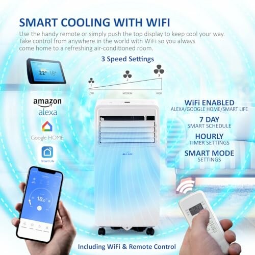 Smart cooling air conditioner with WiFi and remote control features.